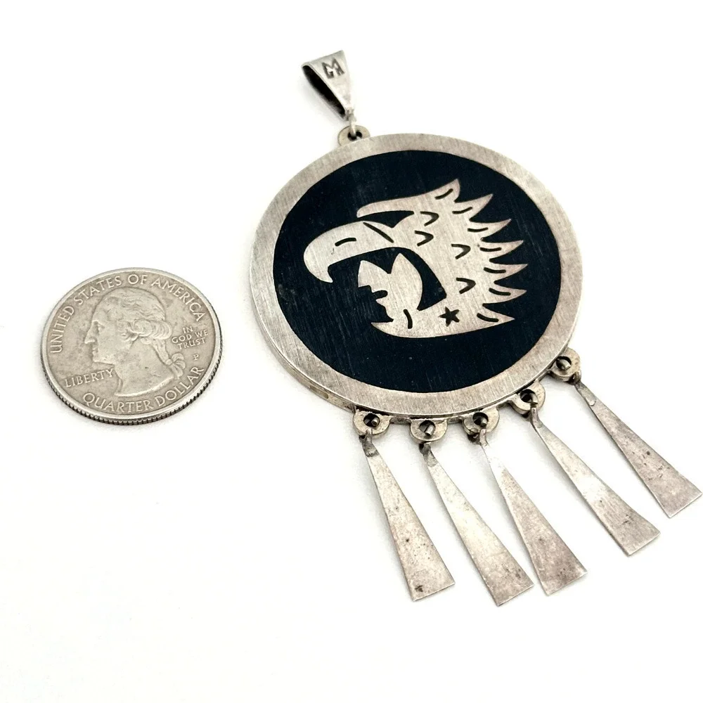 Vintage Taxco Mexico Sterling Turquoise Onyx Heavy Medallion Reversible Pendant